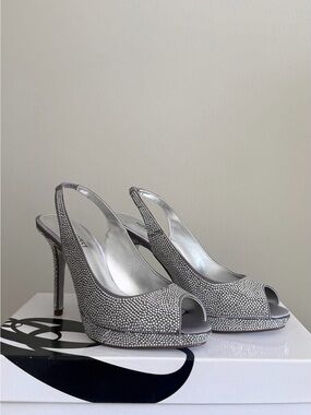 Nine West Silver Rhinestone Crystal Slingback Heels | Size 6